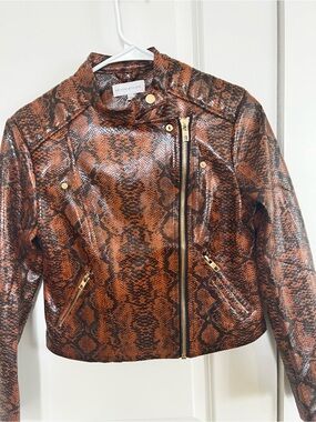 Melrose With Love Women's Brown Snake-Print Moto Jacket Faux Leather